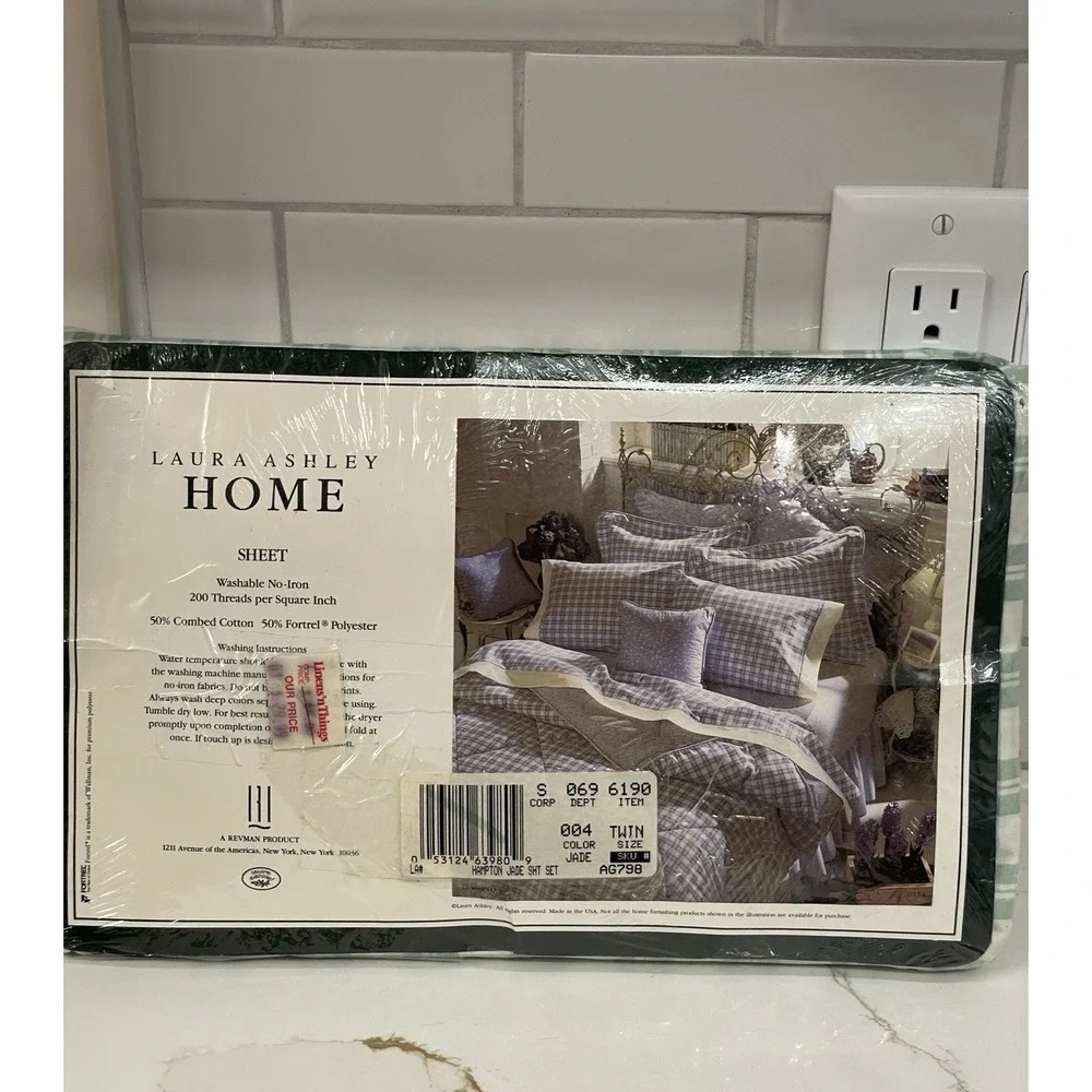 Vintage Laura Ashley Hampton Jade Plaid Twin‎ Flat & Pillow Sham Sheet New READ